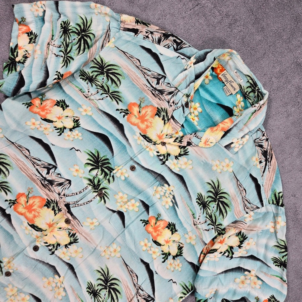 Kenny Flowers Button Up Shirt Mens Large Blue Tropical Hawaiian Excellent L